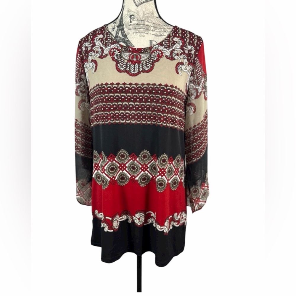 Alfani Elegant Maximalist Red & Black Sheer Bell Sleeve Back Zip Blouse Size M